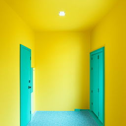 A 12x12 room with one door and a side window. The front wall is pure yellow, the ceiling and the other three walls are green, and the floor is blue.