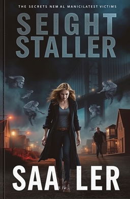 A dramatic book cover depicting a dark and eerie night scene in a small town, featuring a man lurking in the shadows, representing the secret night stalker