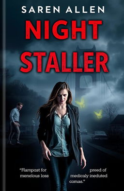 A dramatic book cover depicting a dark and eerie night scene in a small town, featuring a man lurking in the shadows, representing the secret night stalker