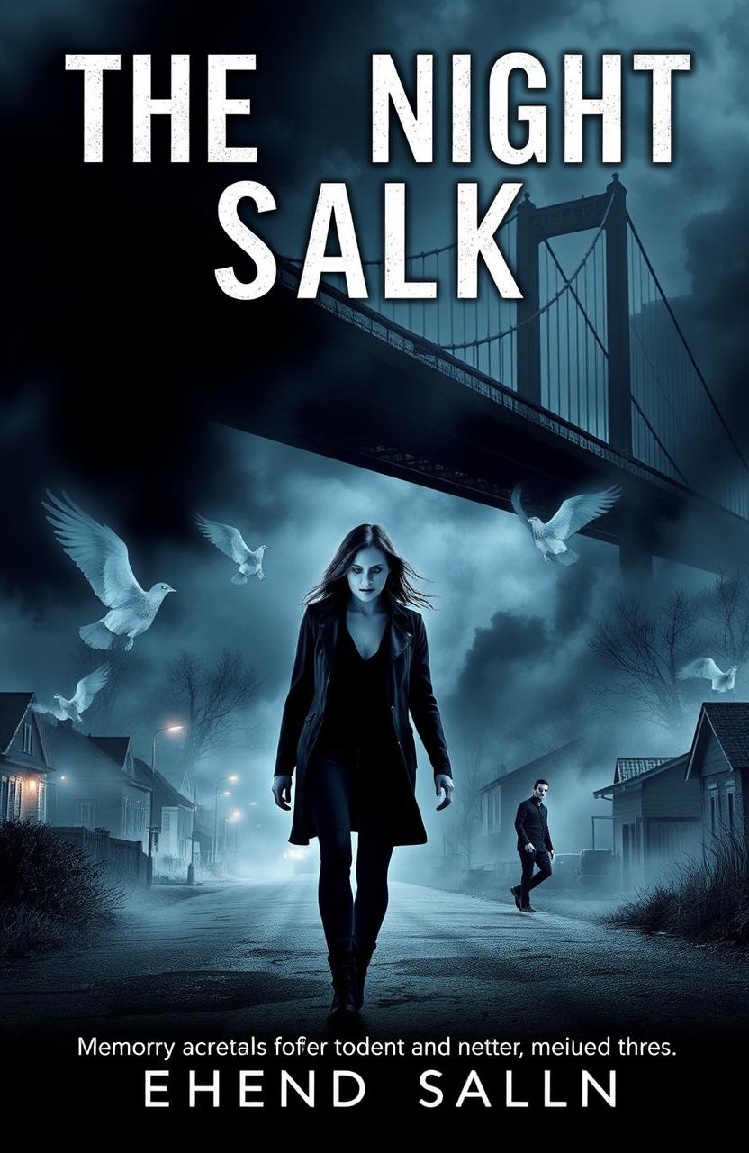 A dramatic book cover depicting a dark and eerie night scene in a small town, featuring a man lurking in the shadows, representing the secret night stalker