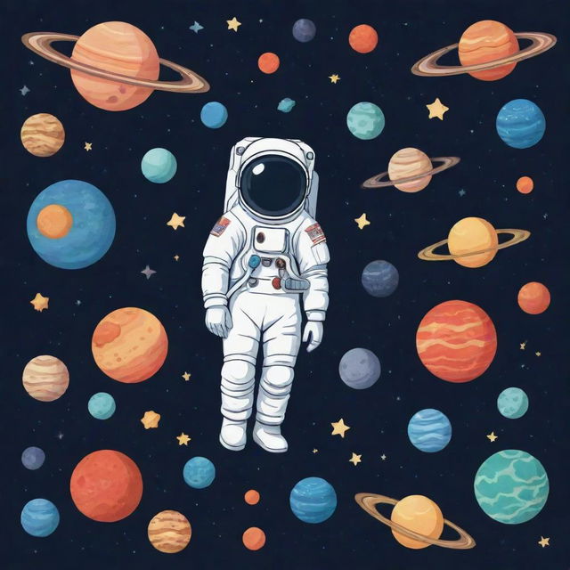 Illustration showcasing the theme of space, filled with planets, stars, galaxies and astronauts, perfect to visually enrich a lesson