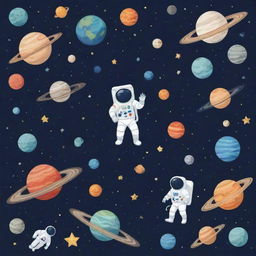 Illustration showcasing the theme of space, filled with planets, stars, galaxies and astronauts, perfect to visually enrich a lesson