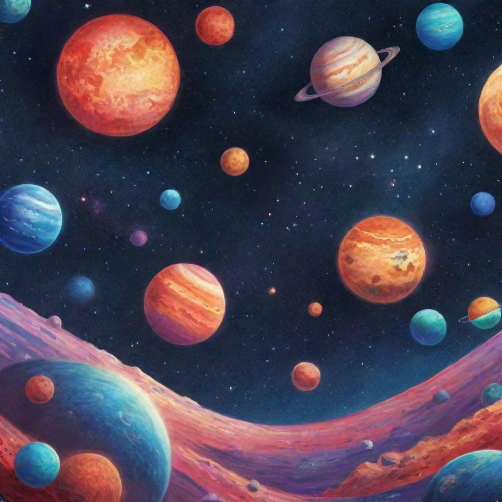 A detailed and colorful illustration of a vibrant cosmic landscape featuring planets, galaxies, stars, and comets, intended for an educational lesson on space