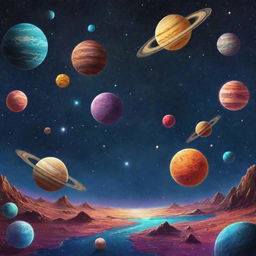 A detailed and colorful illustration of a vibrant cosmic landscape featuring planets, galaxies, stars, and comets, intended for an educational lesson on space