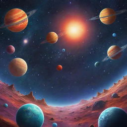 A detailed and colorful illustration of a vibrant cosmic landscape featuring planets, galaxies, stars, and comets, intended for an educational lesson on space