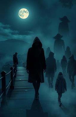 A dark and atmospheric scene depicting a mysterious man, the secret night stalker, lurking near a small town on the edge of a big bridge, under a moonlit sky