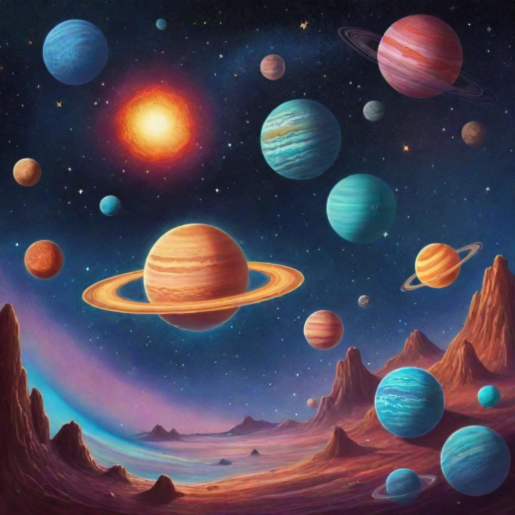 A detailed and colorful illustration of a vibrant cosmic landscape featuring planets, galaxies, stars, and comets, intended for an educational lesson on space