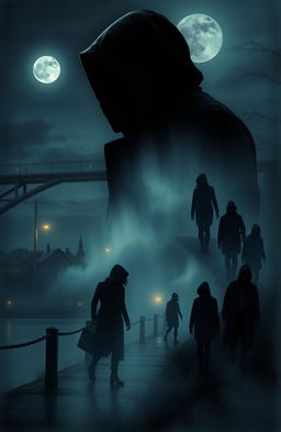 A dark and atmospheric scene depicting a mysterious man, the secret night stalker, lurking near a small town on the edge of a big bridge, under a moonlit sky