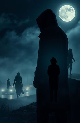 A dark and atmospheric scene depicting a mysterious man, the secret night stalker, lurking near a small town on the edge of a big bridge, under a moonlit sky