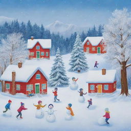 A joyful winter scene suitable for second grade students, featuring kids having fun with snowball fights, sledging, making snowmen, all against the backdrop of snow-covered trees and houses