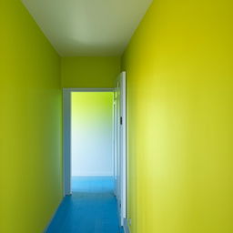 A 12x12 room with a single door and one side window. The front wall is painted in pure yellow, the remaining three walls are green, and the floor is blue.