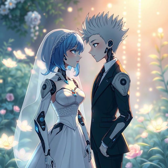 A futuristic illustration of a blue-haired android girl dressed as a bride, complete with a delicate veil on her head