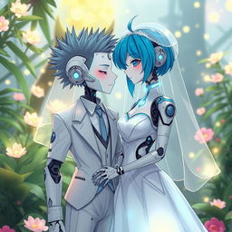 A futuristic illustration of a blue-haired android girl dressed as a bride, complete with a delicate veil on her head