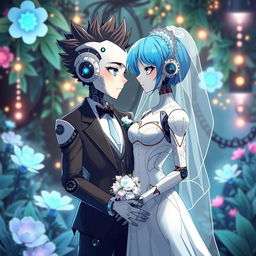 A futuristic illustration of a blue-haired android girl dressed as a bride, complete with a delicate veil on her head