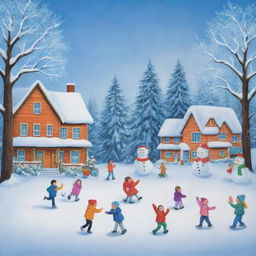 A joyful winter scene suitable for second grade students, featuring kids having fun with snowball fights, sledging, making snowmen, all against the backdrop of snow-covered trees and houses