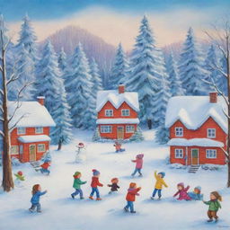 A joyful winter scene suitable for second grade students, featuring kids having fun with snowball fights, sledging, making snowmen, all against the backdrop of snow-covered trees and houses