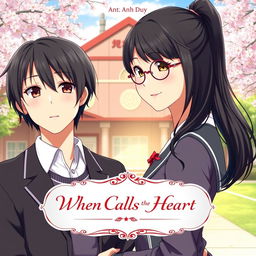 A romantic anime book cover featuring a school setting with two main characters