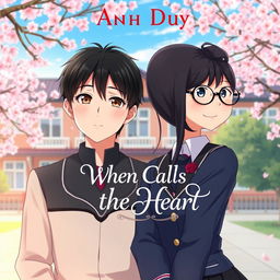 A romantic anime book cover featuring a school setting with two main characters