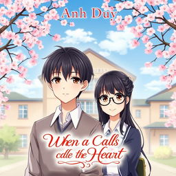 A romantic anime book cover featuring a school setting with two main characters