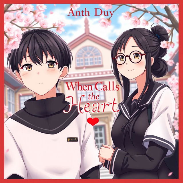 A romantic anime book cover featuring a school setting with two main characters