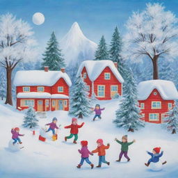 A joyful winter scene suitable for second grade students, featuring kids having fun with snowball fights, sledging, making snowmen, all against the backdrop of snow-covered trees and houses