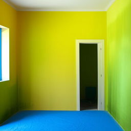 A 12x12 room with a single door and one side window. The front wall is painted in pure yellow, the remaining three walls are green, and the floor is blue.