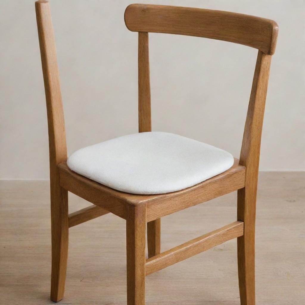 Wooden dining chair with a foam seat cushion, complete with ties for securing in place.