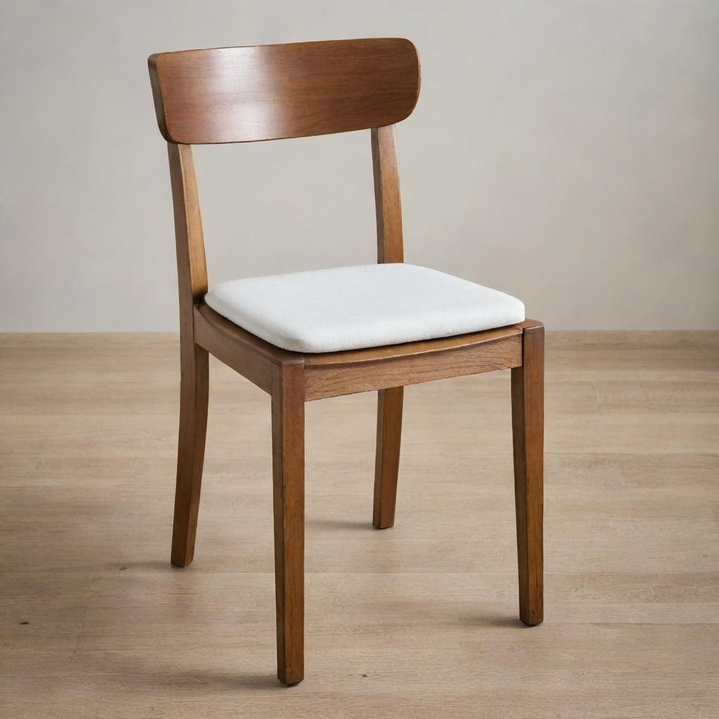 Wooden dining chair with a foam seat cushion, complete with ties for securing in place.