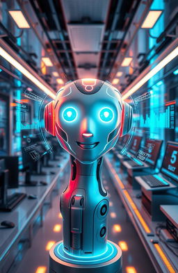 A futuristic AI assistant in a sleek and modern technological environment, designed with metallic and glass elements