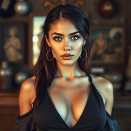 A stunning 25-year-old woman from Portugal, showcasing her large breasts in an outfit that highlights her neckline