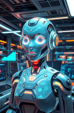 A futuristic AI assistant in a sleek and modern technological environment, designed with metallic and glass elements