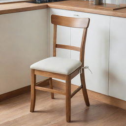 Wooden dining chair with a foam seat cushion, complete with ties for securing in place, positioned in a kitchen setting.