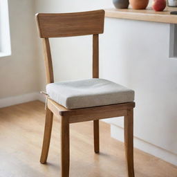 Wooden dining chair with a foam seat cushion, complete with ties for securing in place, positioned in a kitchen setting.