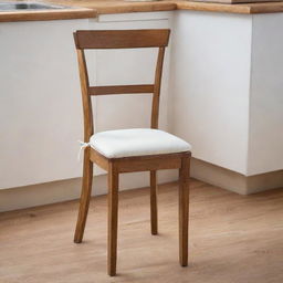 Wooden dining chair with a foam seat cushion, complete with ties for securing in place, positioned in a kitchen setting.