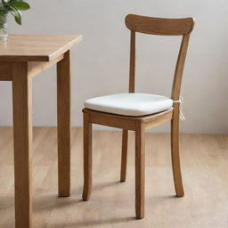 Wooden dining chair with a foam seat cushion, complete with ties for securing in place, positioned in a kitchen setting.