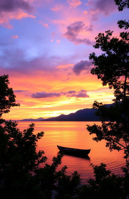 A serene landscape depicting a sunset over a tranquil lake, with the sky filled with vibrant colors of orange, pink, and purple