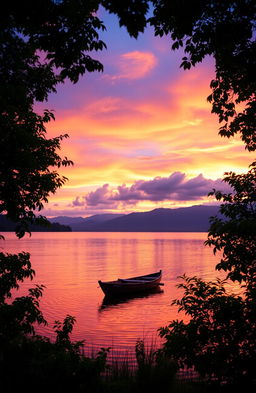 A serene landscape depicting a sunset over a tranquil lake, with the sky filled with vibrant colors of orange, pink, and purple