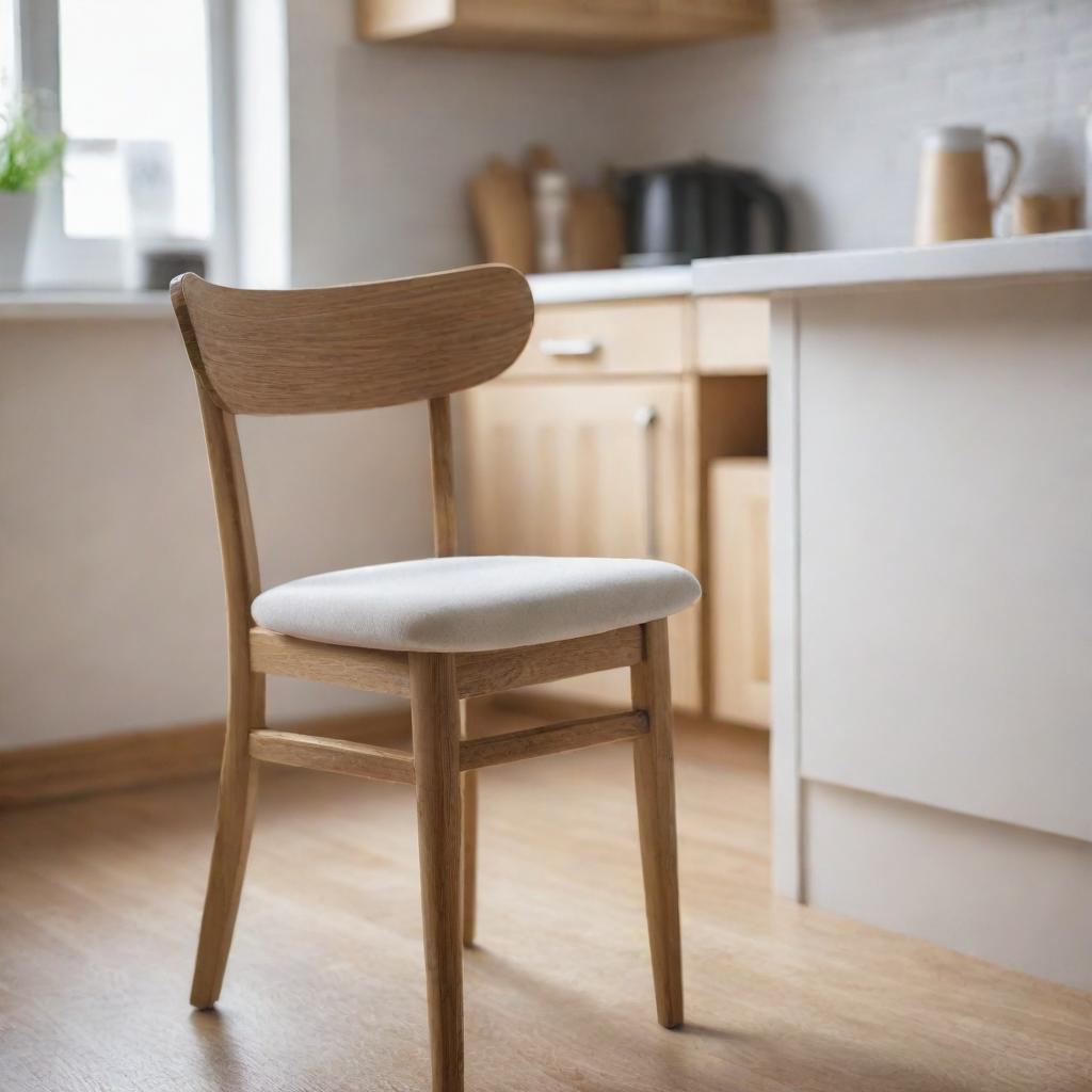 Scene featuring a wooden dining chair with a foam seat cushion in the foreground and another similar chair blurred in the background, all set within a kitchen environment