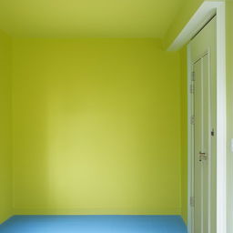 A 12x12 room with a single door and one side window. The front wall is painted in pure yellow, the remaining three walls are green, and the floor is blue.