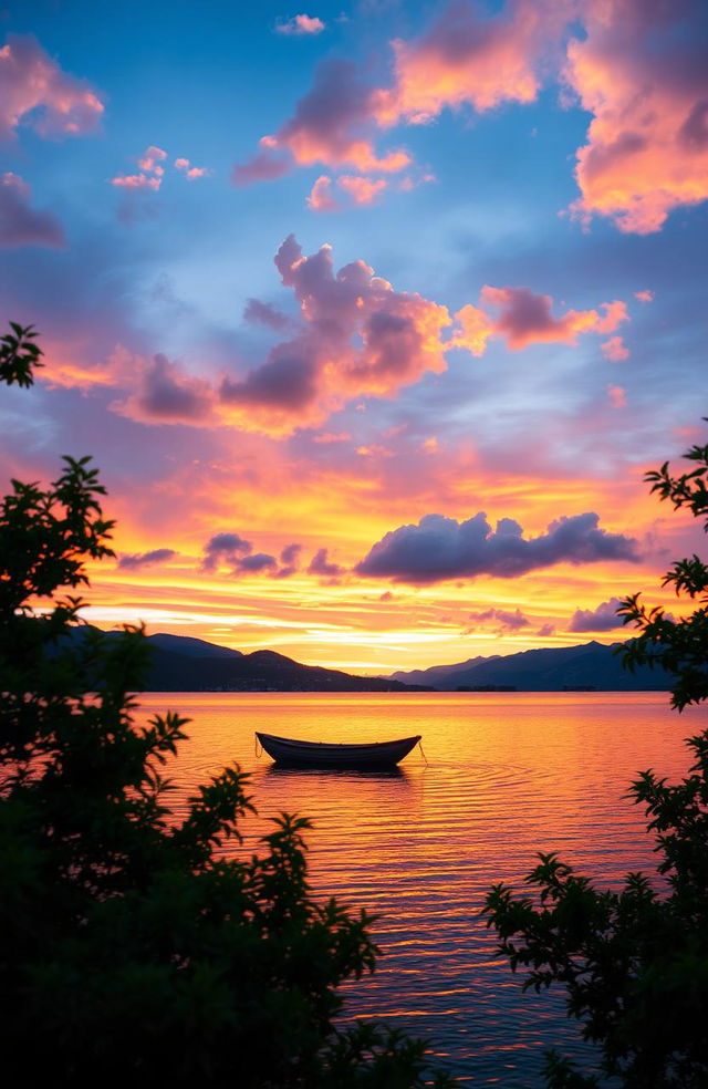 A serene landscape depicting a sunset over a tranquil lake, with the sky filled with vibrant colors of orange, pink, and purple