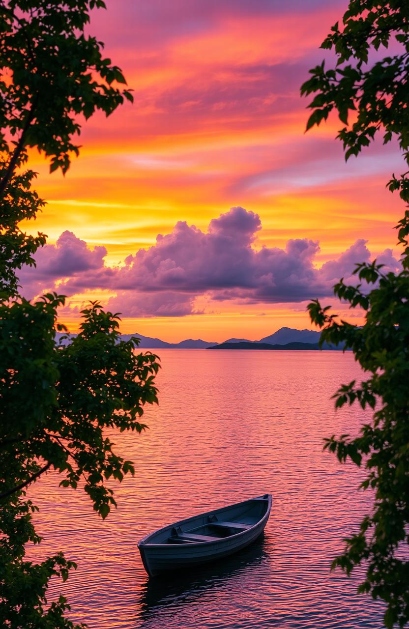 A serene landscape depicting a sunset over a tranquil lake, with the sky filled with vibrant colors of orange, pink, and purple