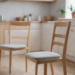 Scene featuring a wooden dining chair with a foam seat cushion in the foreground and another similar chair blurred in the background, all set within a kitchen environment