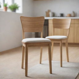 Scene featuring a wooden dining chair with a foam seat cushion in the foreground and another similar chair blurred in the background, all set within a kitchen environment