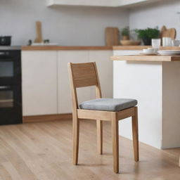 Scene featuring a wooden dining chair with a foam seat cushion in the foreground and another similar chair blurred in the background, all set within a kitchen environment