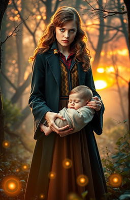 A scene depicting Hermione Granger from Harry Potter, expertly dressed in 1970s wizarding attire, standing determinedly in a vibrant enchanted forest, vintage magic swirling around her