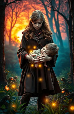A scene depicting Hermione Granger from Harry Potter, expertly dressed in 1970s wizarding attire, standing determinedly in a vibrant enchanted forest, vintage magic swirling around her