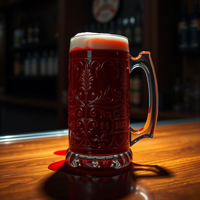 A beer mug overflowing with bright red blood, placed prominently on a polished wooden bar counter