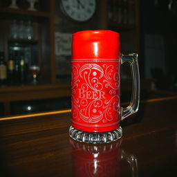 A beer mug overflowing with bright red blood, placed prominently on a polished wooden bar counter