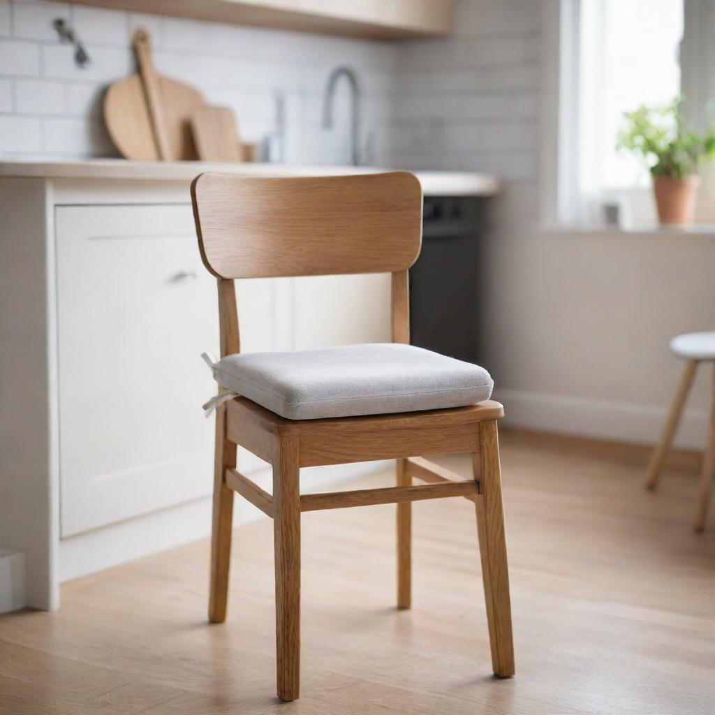 Scene featuring a wooden dining chair with a foam seat cushion and ties for securing in place in the foreground, and another similar chair blurred in the background, all set within a kitchen environment