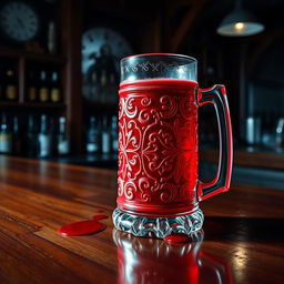 A beer mug overflowing with bright red blood, placed prominently on a polished wooden bar counter